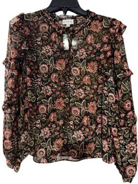 Wonderly Black Sheer Floral Ruffle Blouse Size S